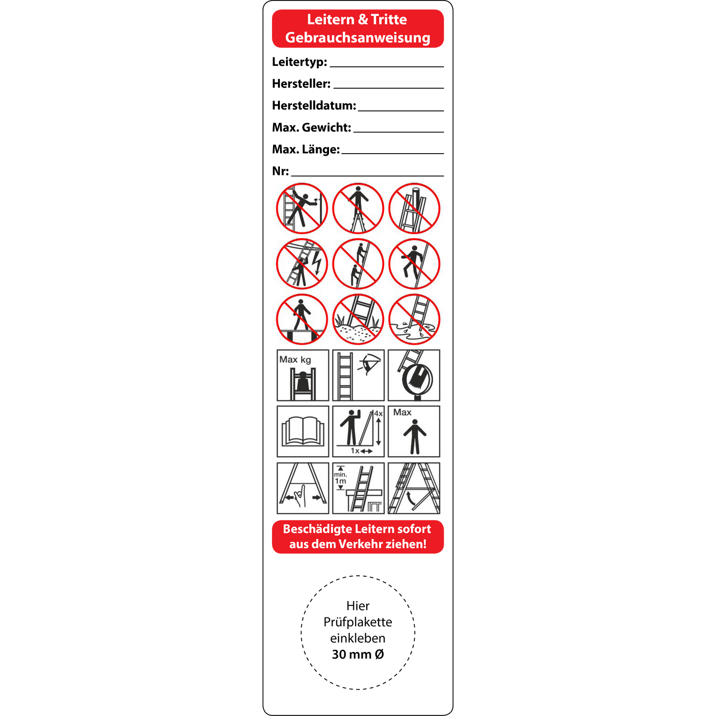 Gebrauchsanweisung Leitern und Tritte Prüfung gemäß DGUV Information 208-016, 150 x 40 mm