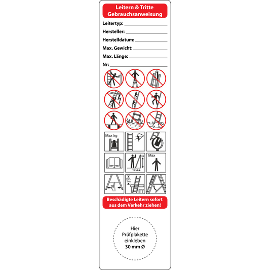 Gebrauchsanweisung Leitern und Tritte Prüfung gemäß DGUV Information 208-016, 150 x 40 mm